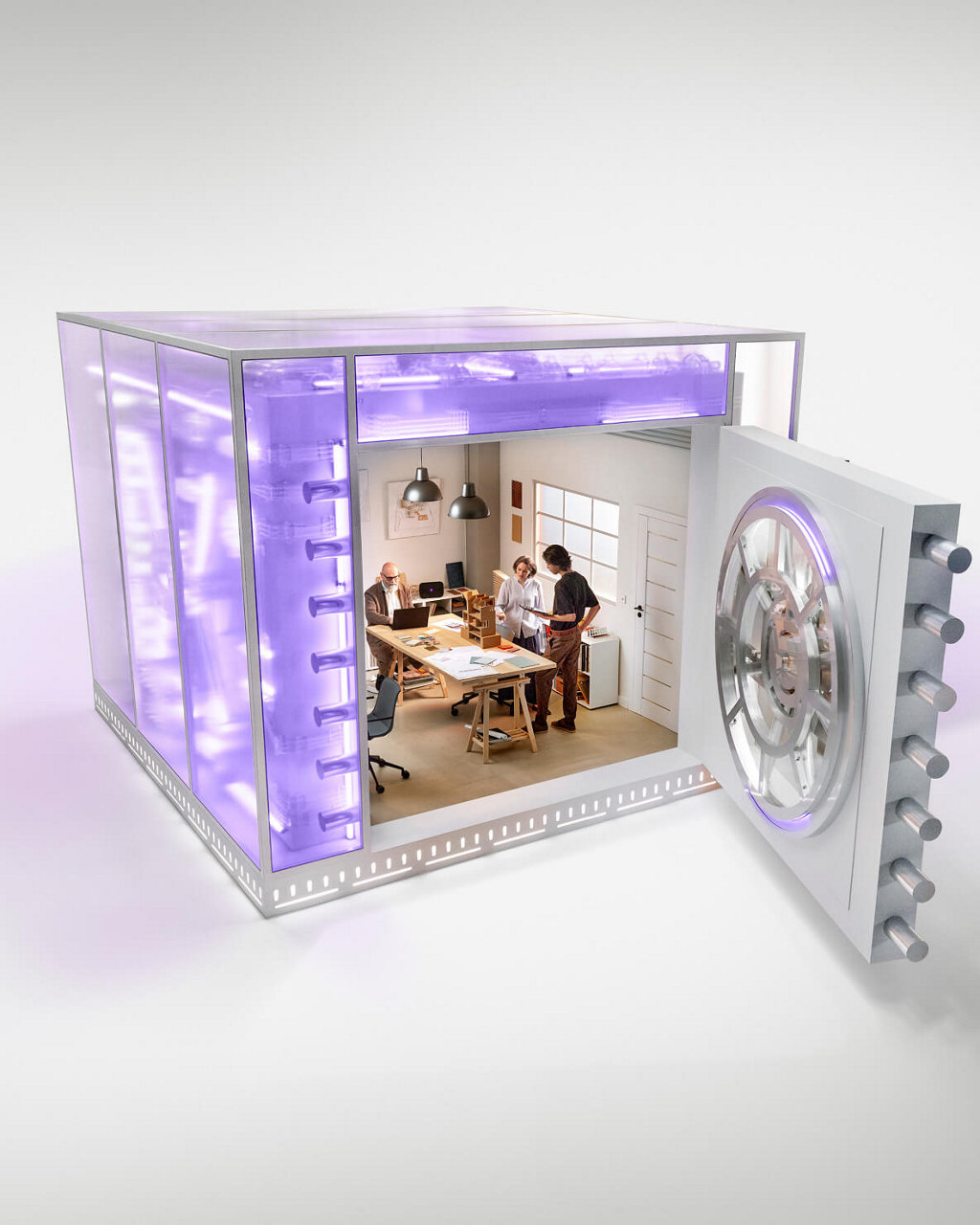 People having a meeting in vault