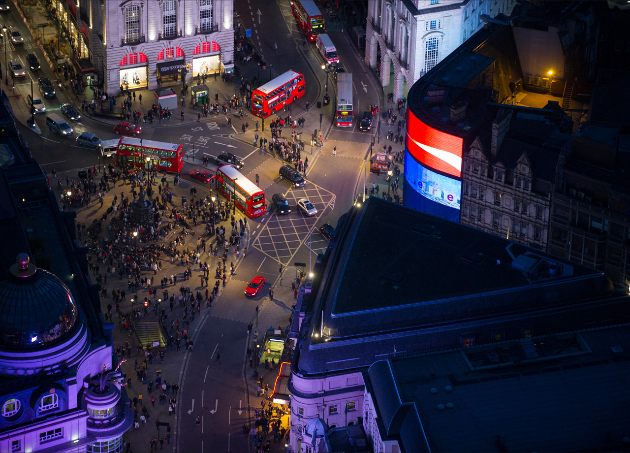 Aerial shot of Piccadilly Circus at night