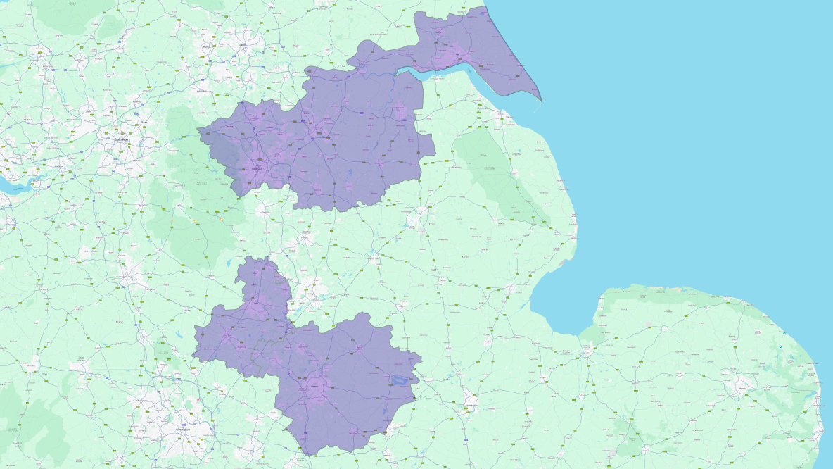 South Yorkshire, Humber, Derbyshire & Leicestershire region map