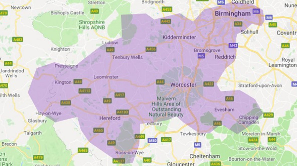 Birmingham and Hereford region map