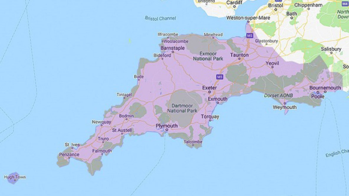 Devon, Cornwall, Somerset and Dorset region map