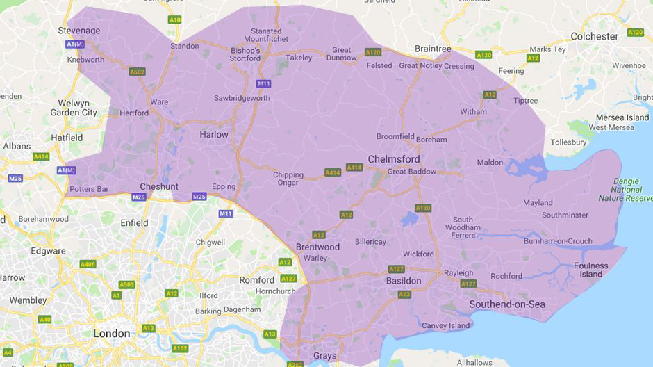 BT Local Business Herts and Essex region map