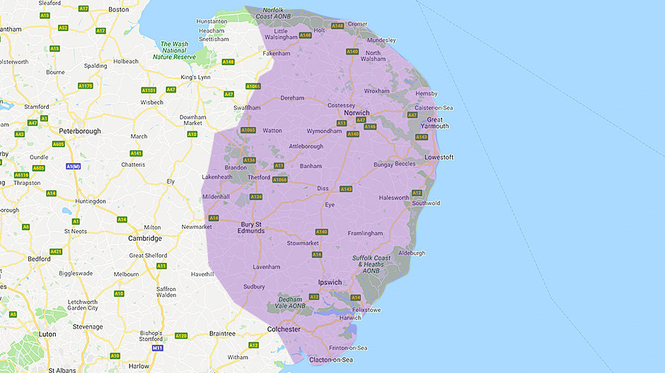 BT Local Business Norfolk and Suffolk region map