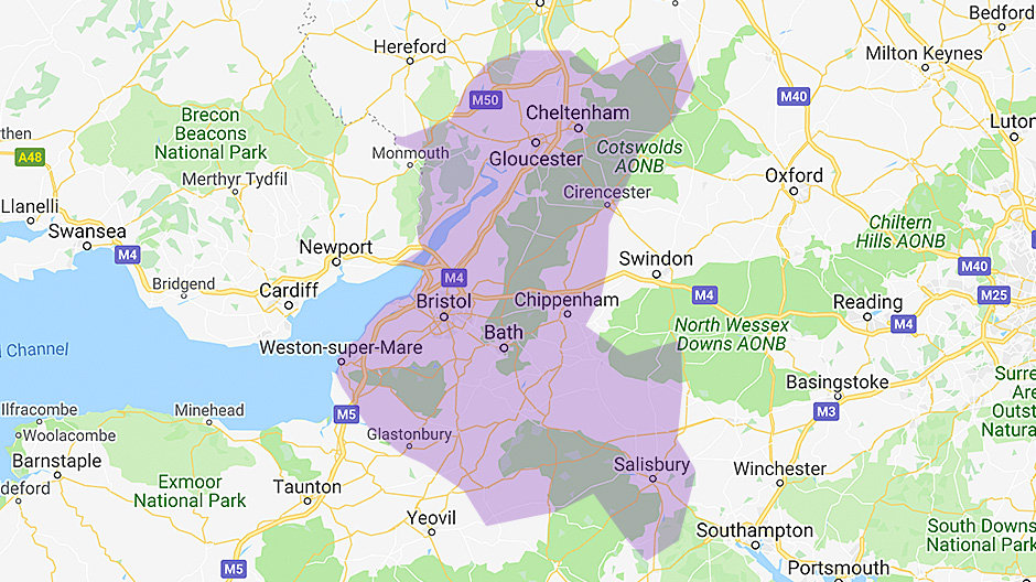 Bath, Bristol and Gloucester region map
