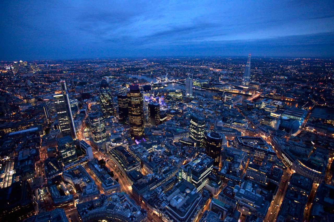 Aerial view of the city of london at night