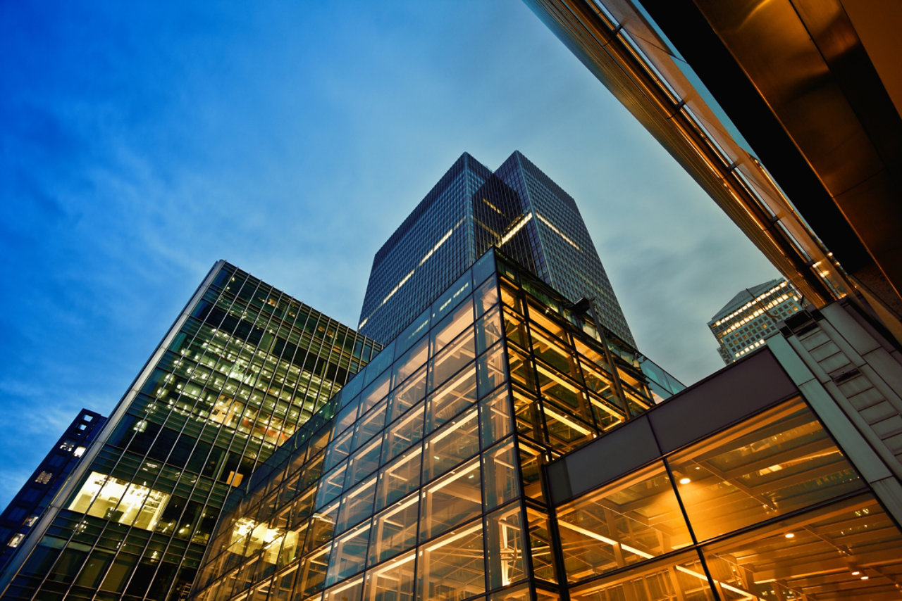 Business district at dusk in London