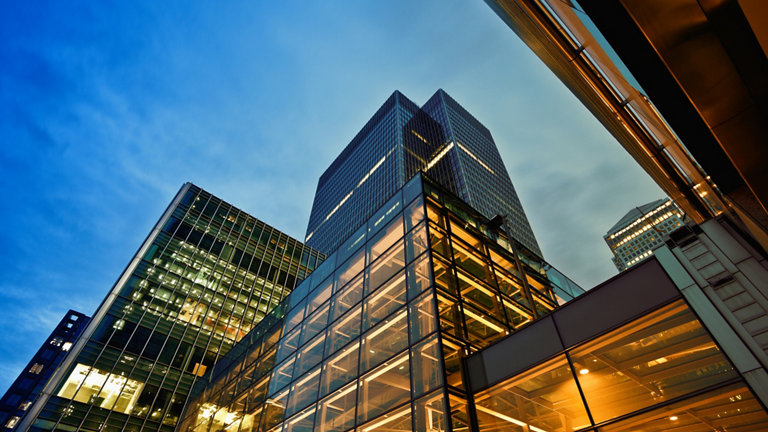 business buildings at dusk