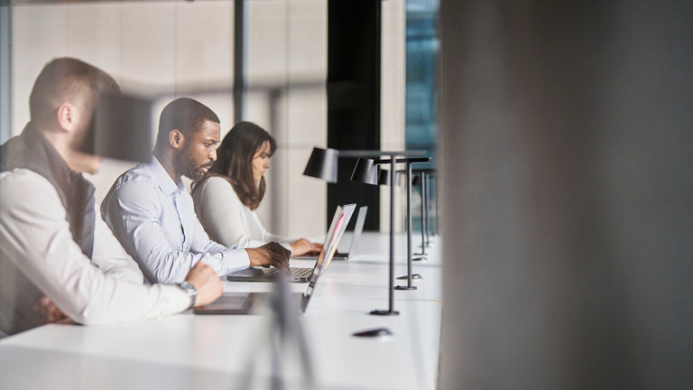 business people working at laptops all in a row