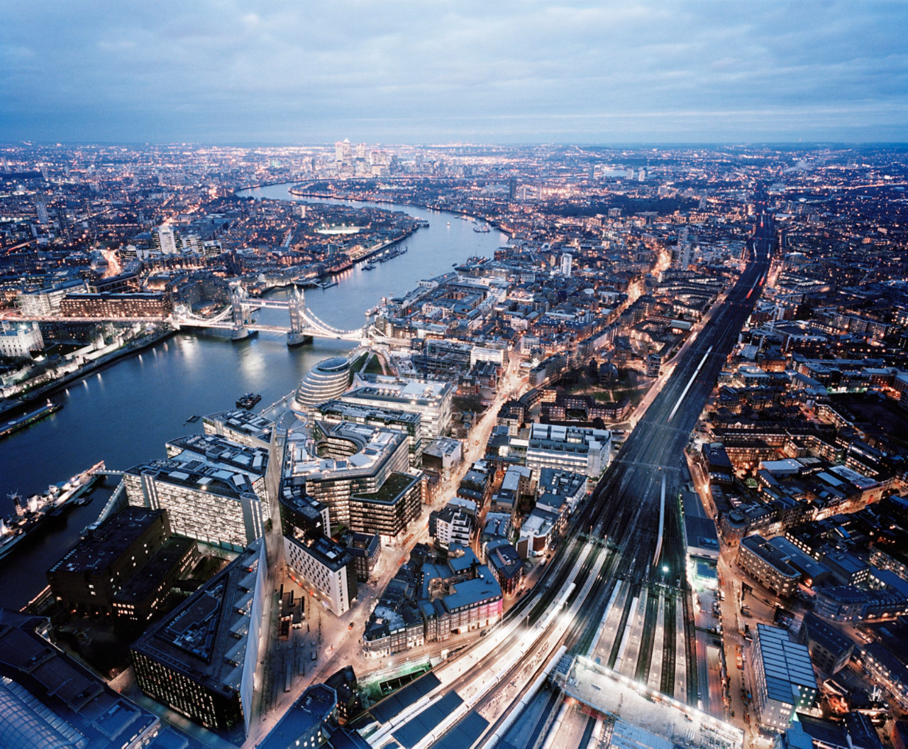 elevated view over the city of London at dusk