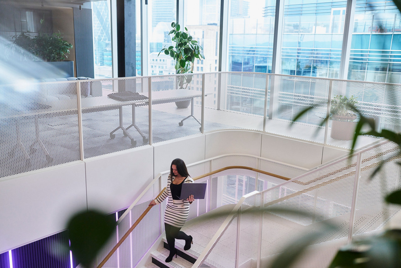 swanky glass office with stairs