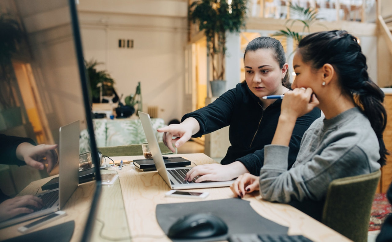 Two women using their laptop to track a fault online