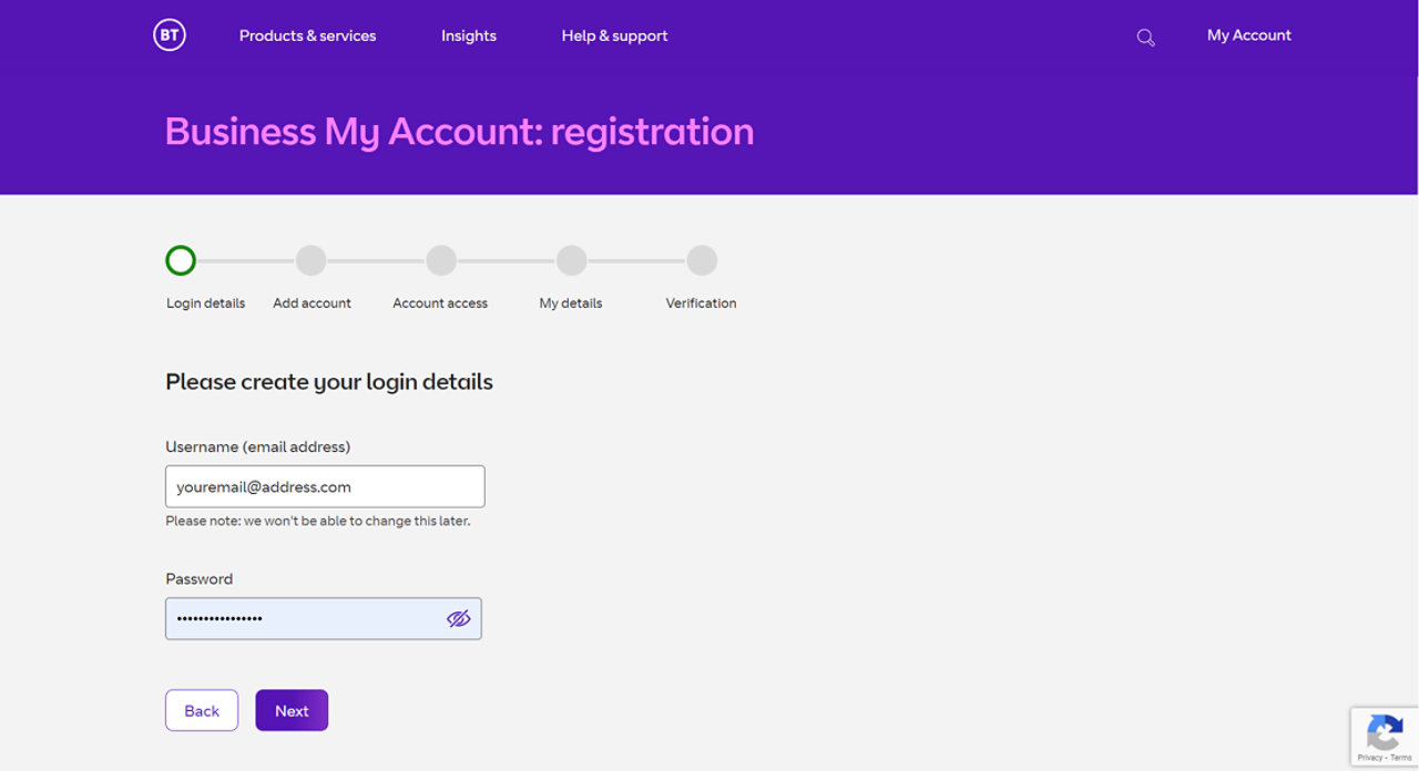 Screenshot of the first step to register for My Account.