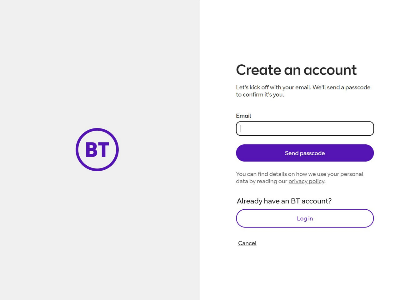 Screenshot of the first step to register for My Account