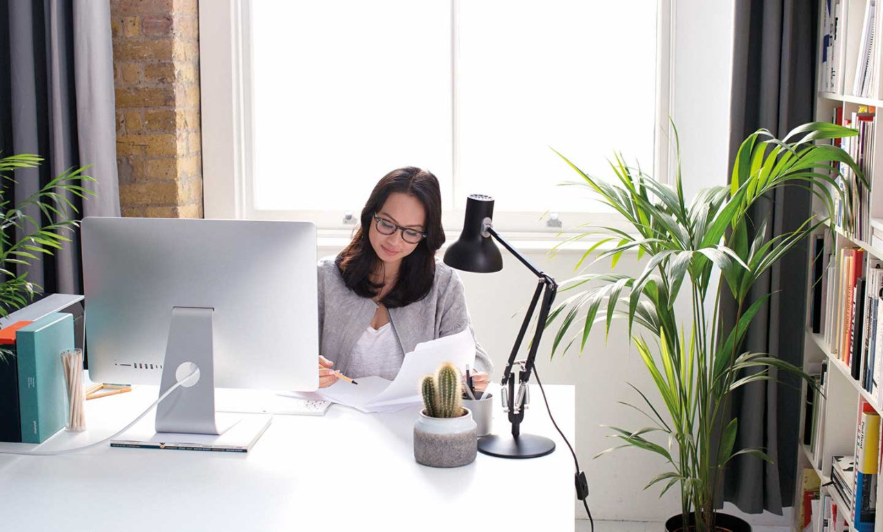 woman working on desk at home near plant