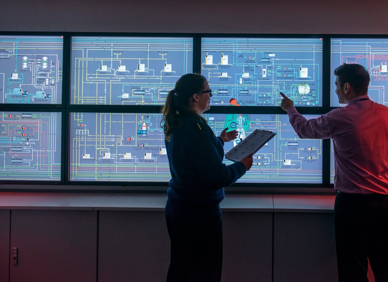 Tutor and student in front of monitors in ships