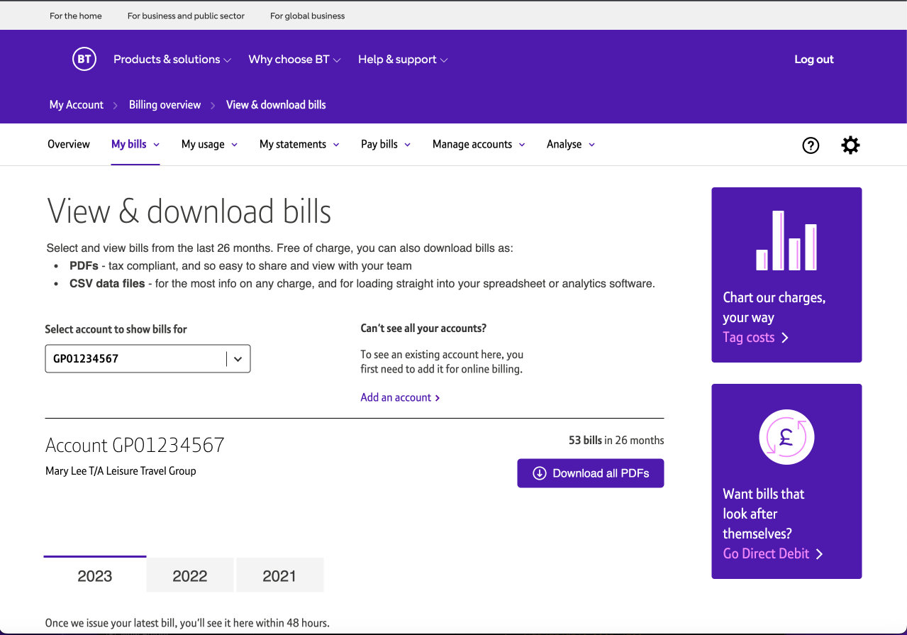 ‘View & download bills’ screen in My Account