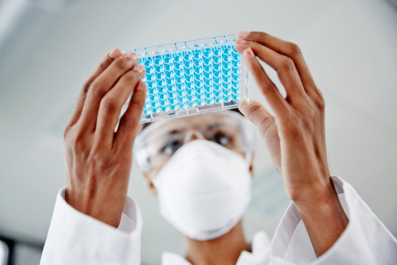 woman looking at slides in lab